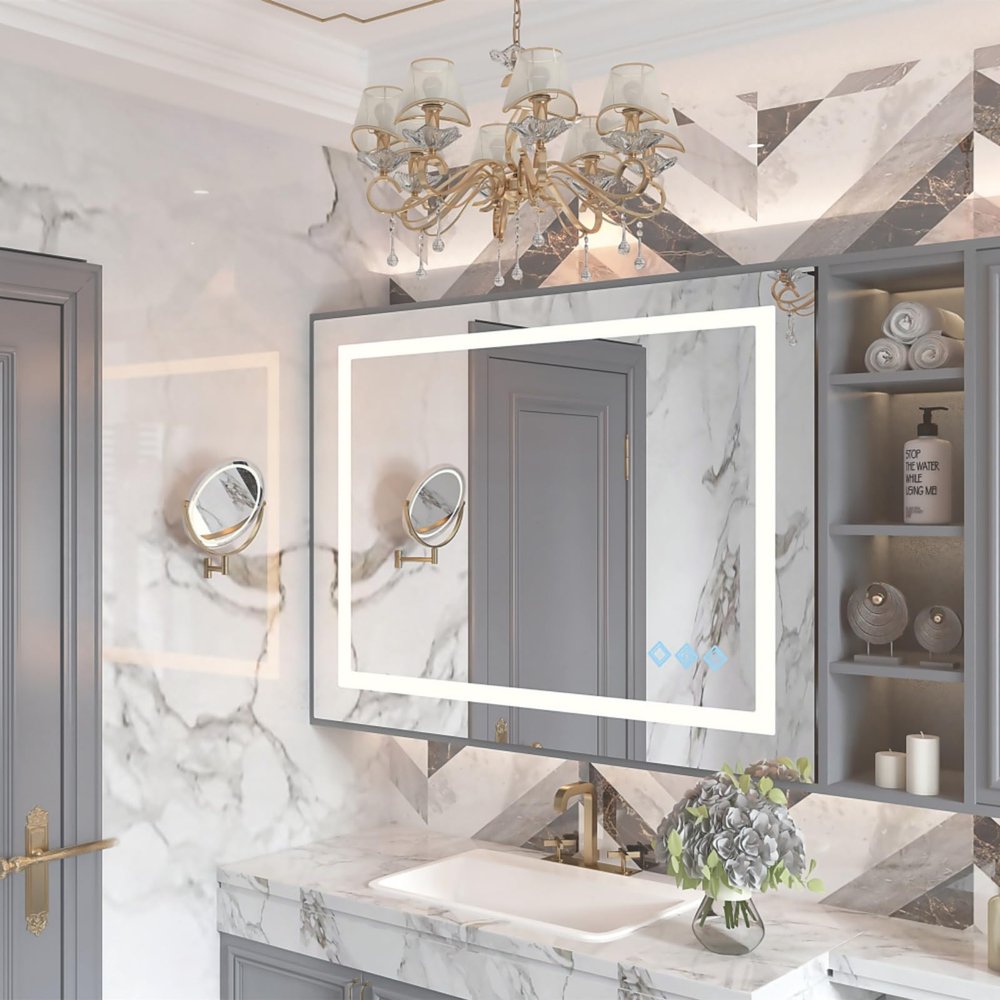 32x24inch Glossy Brushed Silver 3000-6000K LED Bathroom Mirror with Lights,Anti-Fog D1immable Lighted Wall Mounted Vanity Mirror Master Bath Modern Makeu Horizontal&Vertical (Classic)