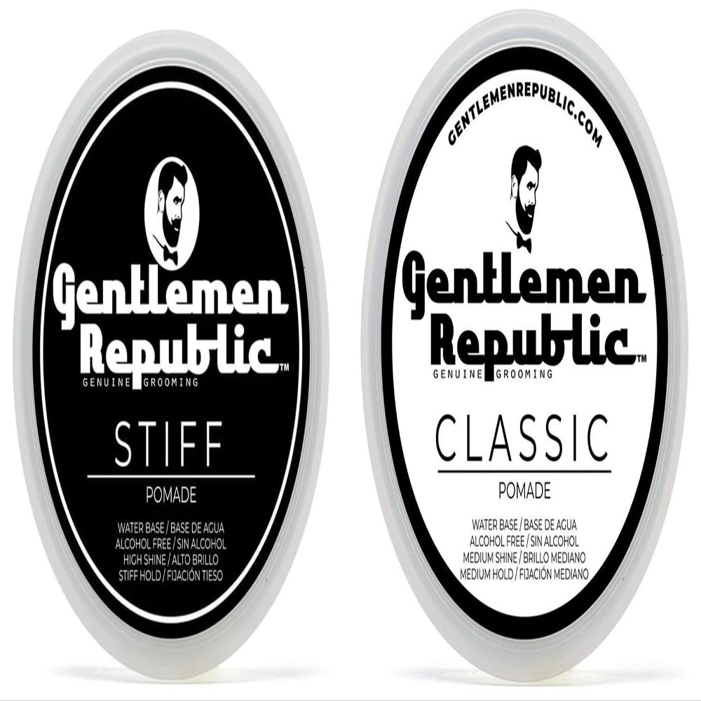 Gentlemen Republic Classic & Stiff Pomade Combo for Men - Water Based Pomade for Medium Hold & Shine, Premium Mens Hair Styling Products with No Beeswax - Ideal for Classic Styles, 4oz