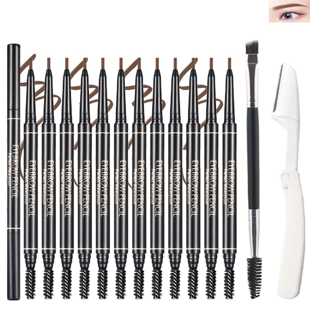 12 Pcs Eye Brow Pencil for Women Light Brown,Waterproof Eyebrow Pencil Retractable Ultra Fine Professional Brow Pencil,Long Lasting Tinted Gel Micro Eyebrow Pen for Define Fill Tiny Brow Eye Makeup-02