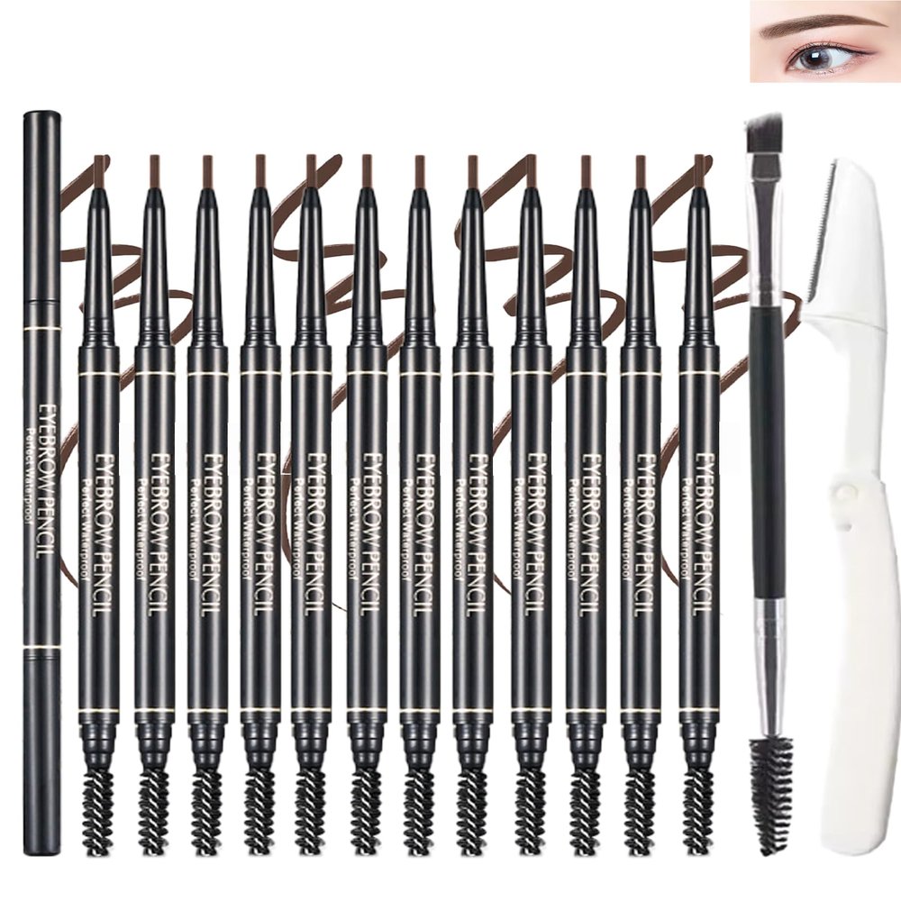 12 Pcs Eye Brow Pencils for Women Dark Brown,Waterproof Eyebrow Pencil Retractable Ultra Fine Professional Brow Pencil,Long Lasting Tinted Gel Micro Eyebrow Pen for Define Fill Tiny Brow Eye Makeup-05