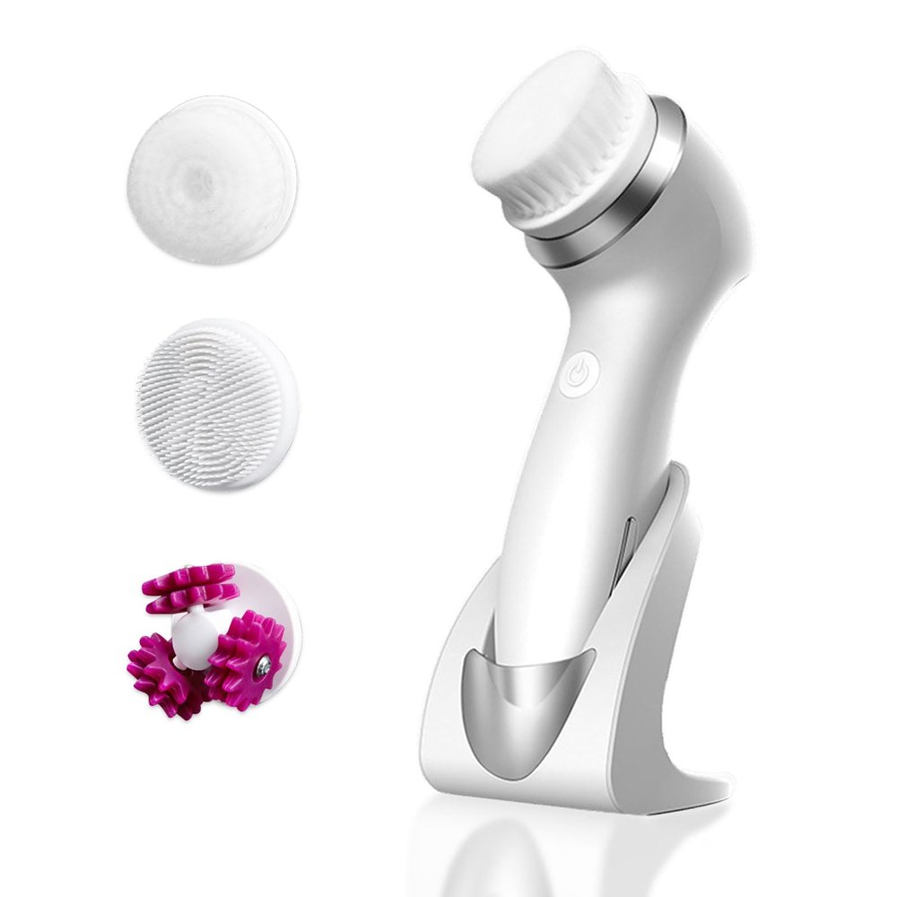 Facial Cleansing Brush, 3in1 Silicone Face Scrubber, Rechargeable Face Spin Brush with Standing Base, 4-Speed Deep Pore Cleansing Brushs, IPX7 Waterproof Facial Exfoliation Brush for Men Women (White)