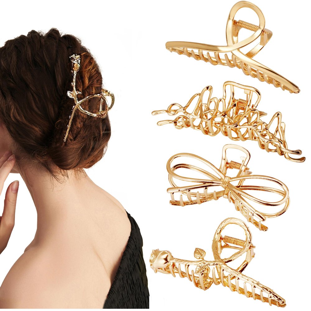 4 Pack Large Metal Hair Clips for Thin to Thick Curly Hair, 4.3 Inch Big Nonslip Gold Color Clamps, Perfect Fashion Jaw Claw Hair Styling Accessories for Women and Girls, Christmas Gifts(Style D)