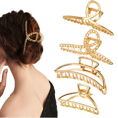 4 Pack Large Metal Hair Clips for Thin to Thick Curly Hair, 4.3 Inch Big Nonslip Gold Color Clamps, Perfect Fashion Jaw Claw Hair Styling Accessories for Women and Girls, Christmas Gifts(Style C)