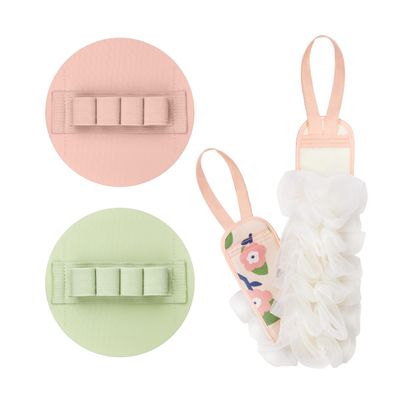 3-Pack Bath Scrubber Kit: 2 Silicone Exfoliating Pats & Double-Sided Long Handle Back Scrubber Bath Puff for Deep Cleansing. (Pink & Green & Pink)