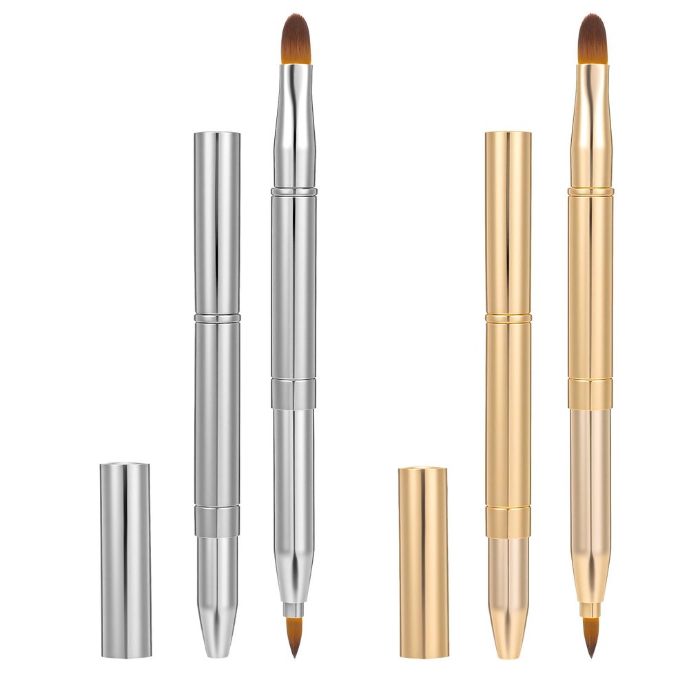 2Pcs Retractable Lip Brush for Lipstick, Double-ended Retractable Lipstick Brush with Cap, for Lip Gloss Travel Applicator (Silver, Gold)
