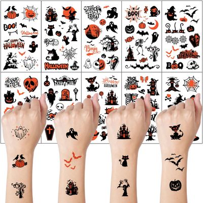 10 Sheets YEFIUO Halloween Temporary Tattoos Set,Halloween Party Face Body Decorations,Prank Makeup Pumpkin Skeleton Mini Fake Tattoo Stickers for Kids Adults Halloween Rave Decor,Water Transfer Print