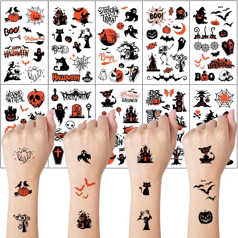 10 Sheets YEFIUO Halloween Temporary Tattoos Set,Halloween Party Face Body Decorations,Prank Makeup Pumpkin Skeleton Mini Fake Tattoo Stickers for Kids Adults Halloween Rave Decor,Water Transfer Print