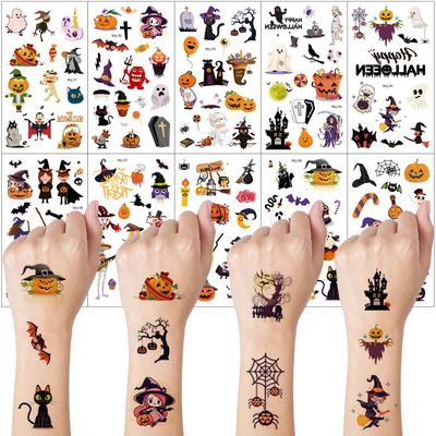 10 Sheets YEFIUO Halloween Temporary Tattoos Set,Halloween Party Face Body Decorations,Prank Makeup Pumpkin Cartoon Mini Fake Tattoos Stickers for Kids Adults Halloween Rave Decor,Water Transfer Print