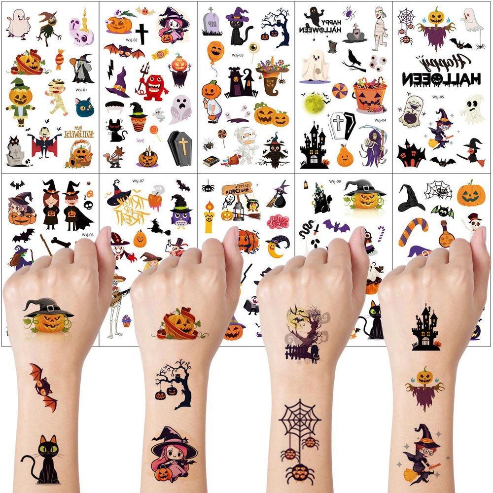 10 Sheets YEFIUO Halloween Temporary Tattoos Set,Halloween Party Face Body Decorations,Prank Makeup Pumpkin Cartoon Mini Fake Tattoos Stickers for Kids Adults Halloween Rave Decor,Water Transfer Print