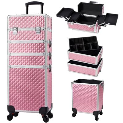 4-in-1 Professional Makeup Train Case with Lock & Wheels  Large Rolling Cosmetic Trolley Organizer for Salon, Nail, Beauty (Baby Pink)