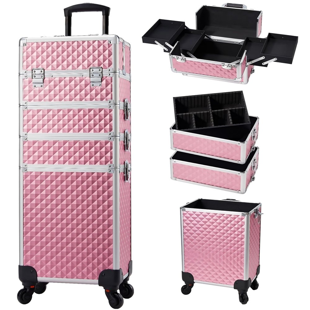 4-in-1 Professional Makeup Train Case with Lock & Wheels  Large Rolling Cosmetic Trolley Organizer for Salon, Nail, Beauty (Baby Pink)