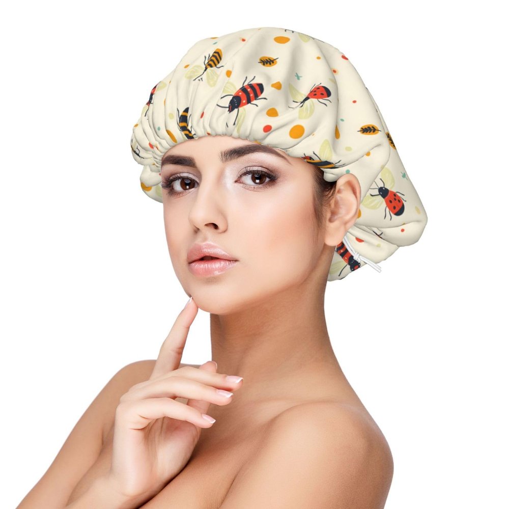 Cute Colorful Coccinellidae Print Satin Silk Bonnet for Sleeping Women, Adjustable Double Layer Satin Hair Bonnet Night Sleep Cap for Curly Hair