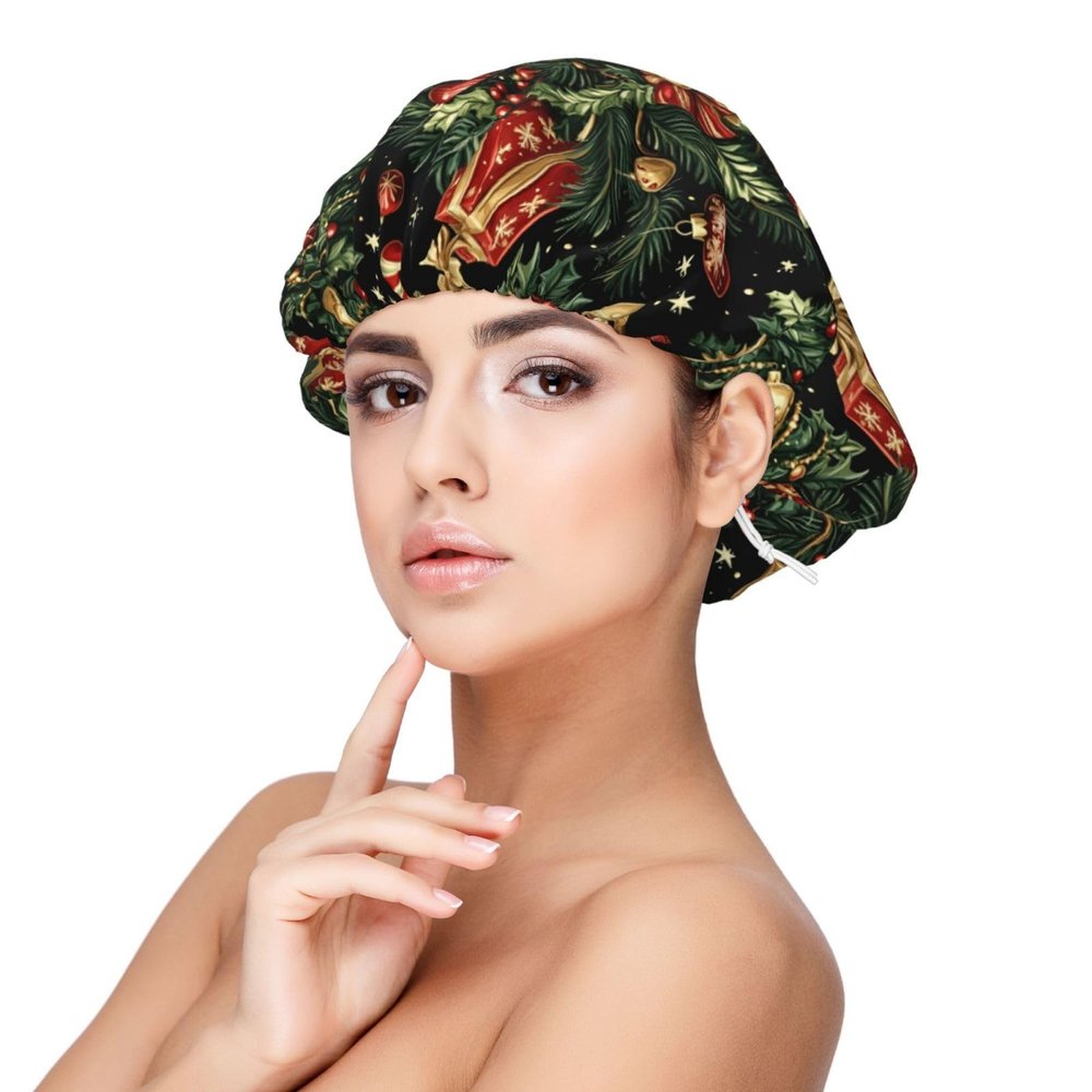 Christmas Style A Print Satin Silk Bonnet for Sleeping Women, Adjustable Double Layer Satin Hair Bonnet Night Sleep Cap for Curly Hair