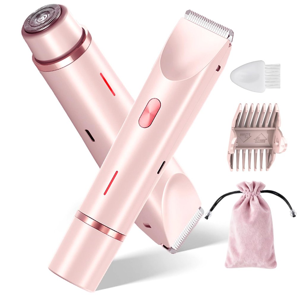 Bikini Trimmer for Women, 2-in-1 Dual Head Electric Razors for Women Pubic Hair, Waterproof Wet/Dry Use Body Hair Trimmer and Face Shaver, Rechargeable Hair Removal for Bikini Legs Arm Sensitive Skin