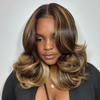 13X6 HD Invisible Lace Frontal Human Hair Wig Short Body Wave Ombre Highlight Honey Blonde Beazilian Remy Wigs Pre Plucked with Baby Hair Bleached Knots 180% Density Bob Wavy Colored Wig 14Inch view 1