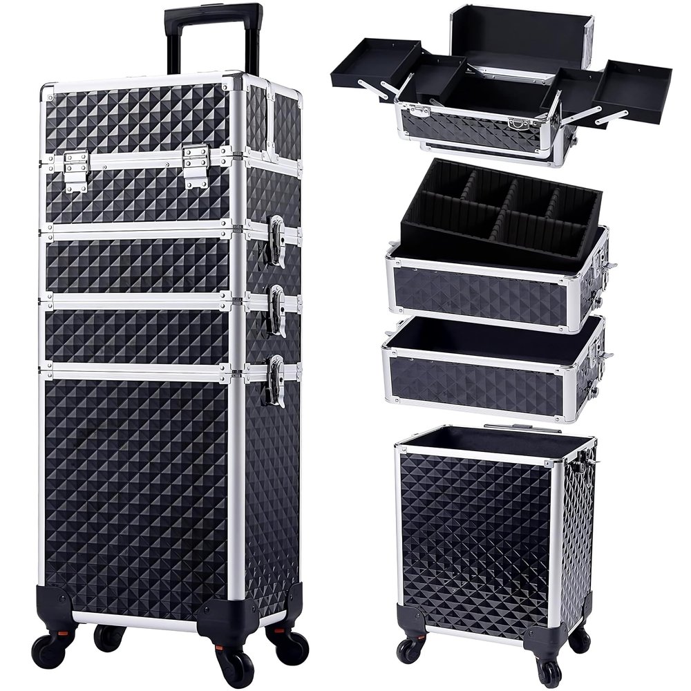 4-in-1 Professional Makeup Train Case with Lock & Wheels  Large Rolling Cosmetic Trolley Organizer for Salon, Nail, Beauty (Jet Black)
