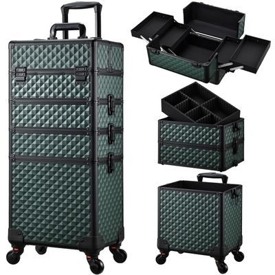 4-in-1 Professional Makeup Train Case with Lock & Wheels  Large Rolling Cosmetic Trolley Organizer for Salon, Nail, Beauty (Dark Green)