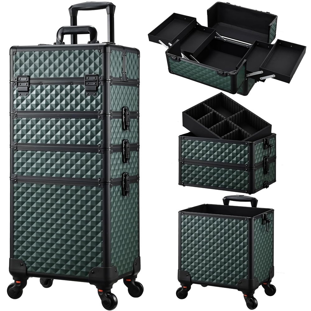 4-in-1 Professional Makeup Train Case with Lock & Wheels  Large Rolling Cosmetic Trolley Organizer for Salon, Nail, Beauty (Dark Green)