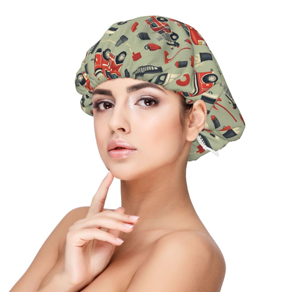 Fire Truck Elevator Tools Print Satin Silk Bonnet for Sleeping Women, Adjustable Double Layer Satin Hair Bonnet Night Sleep Cap for Curly Hair