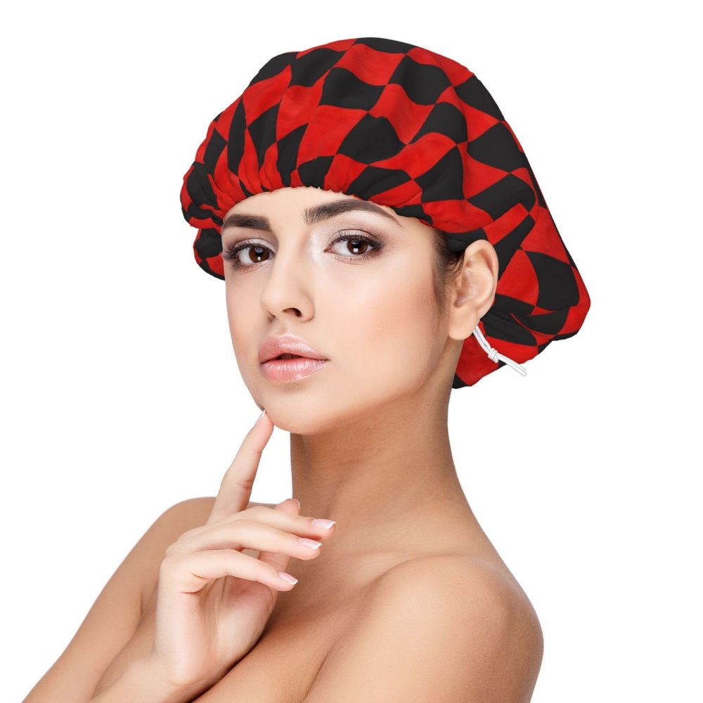 Red Black Harlequin Print Satin Silk Bonnet for Sleeping Women, Adjustable Double Layer Satin Hair Bonnet Night Sleep Cap for Curly Hair