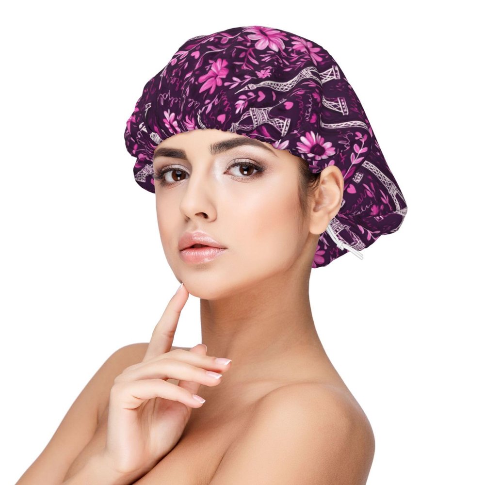 Pink Flower Eiffel Tower Print Satin Silk Bonnet for Sleeping Women, Adjustable Double Layer Satin Hair Bonnet Night Sleep Cap for Curly Hair