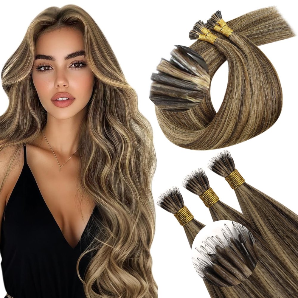 Sunny Hair 2 Pack Total 100G Nano Bead and I Tip Hair Extensions Real Human Hair Dark Brown Highlight Caramel Blonde 18inch