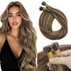 Sunny Hair 2 Pack Total 100G Nano Bead and I Tip Hair Extensions Real Human Hair Dark Brown Highlight Caramel Blonde 18inch view 2