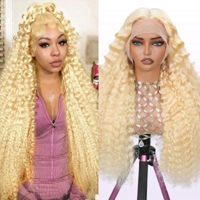 613 Blonde Deep Wave Wig Human Hair 38 Inch 13x6 HD Lace Front Wig 200% Density Premium Quality 100% Human Hair Glueless Wig Pre Plucked Natural Hairline with Baby Hair Long Deep Wave Wig for Women