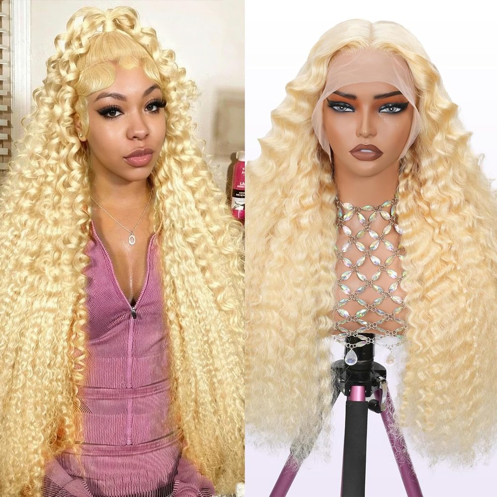 613 Blonde Deep Wave Wig Human Hair 38 Inch 13x6 HD Lace Front Wig 200% Density Premium Quality 100% Human Hair Glueless Wig Pre Plucked Natural Hairline with Baby Hair Long Deep Wave Wig for Women