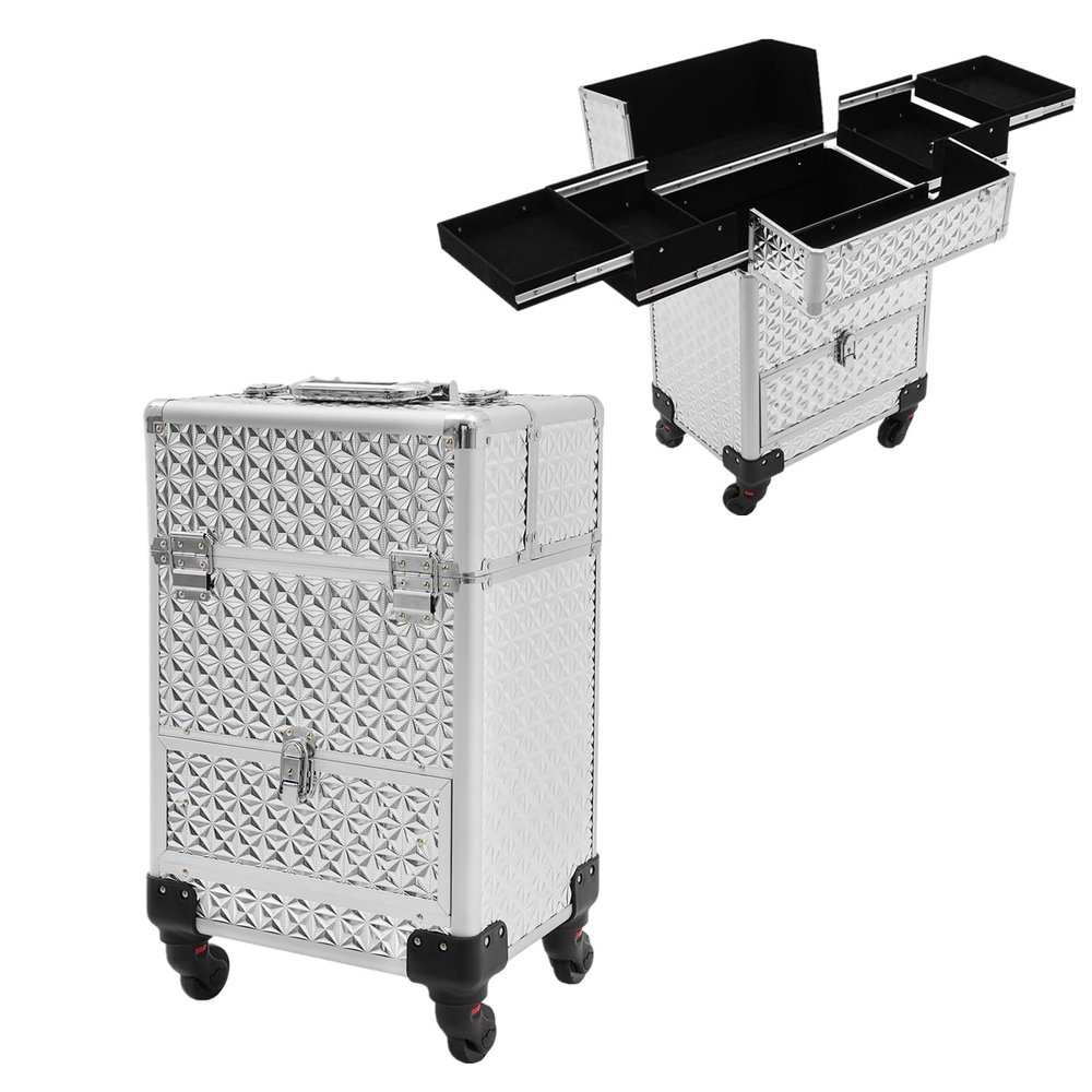 BUKGOCUMN Rolling Makeup Train Case, 13.4 * 9.8 * 18.5in Wheeled Manicure Storage Case Polish Organizer Professional Makeup Trolley, for Hairstylist Artist Salon Cosmetologist Stylist (Silver)