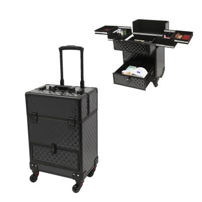 BUKGOCUMN Rolling Makeup Train Case, 13.4 * 9.8 * 18.5inch Wheeled Manicure Storage Case Polish Organizer Professional Makeup Trolley, for Hairstylist Artist Salon Cosmetologist Stylist (Black)