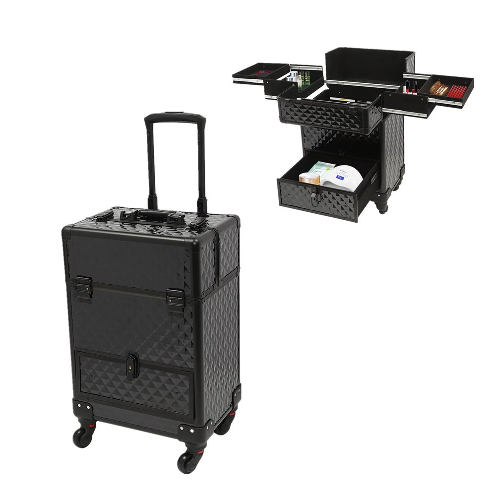 BUKGOCUMN Rolling Makeup Train Case, 13.4 * 9.8 * 18.5inch Wheeled Manicure Storage Case Polish Organizer Professional Makeup Trolley, for Hairstylist Artist Salon Cosmetologist Stylist (Black)