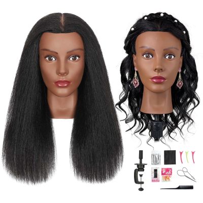 16 Firstwon Mannequin Head Human Hair with 100% Real Hair Cosmetology Manikin Doll Head for Hair Styling Mannequin Head for Braiding with Table Clamp Stand and Tools(#1B 16Inch)