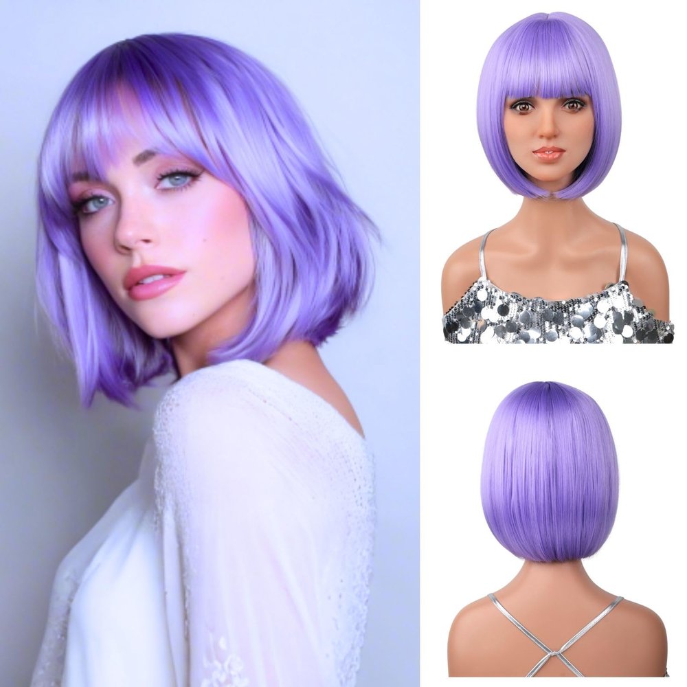 12 Inch Short Bob Light Purple Wig with Bangs, Colorful Wig for Halloween Daily Cosplay & Party Use, Heat Resistant Straight Synthetic Cosplay Party Wigs for Women (Light Purple)