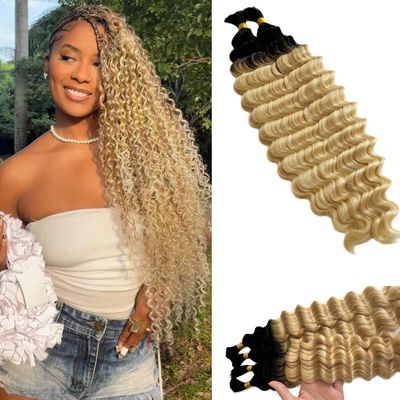 Water Wave Human Braiding Hair 30 Inch 2 Bundles Deep Curly Wave Bulk for Braiding 1B613 Ombre Blonde with Dark Roots No Weft 100% Unprocessed 12A for Boho Braids 100g/Pack