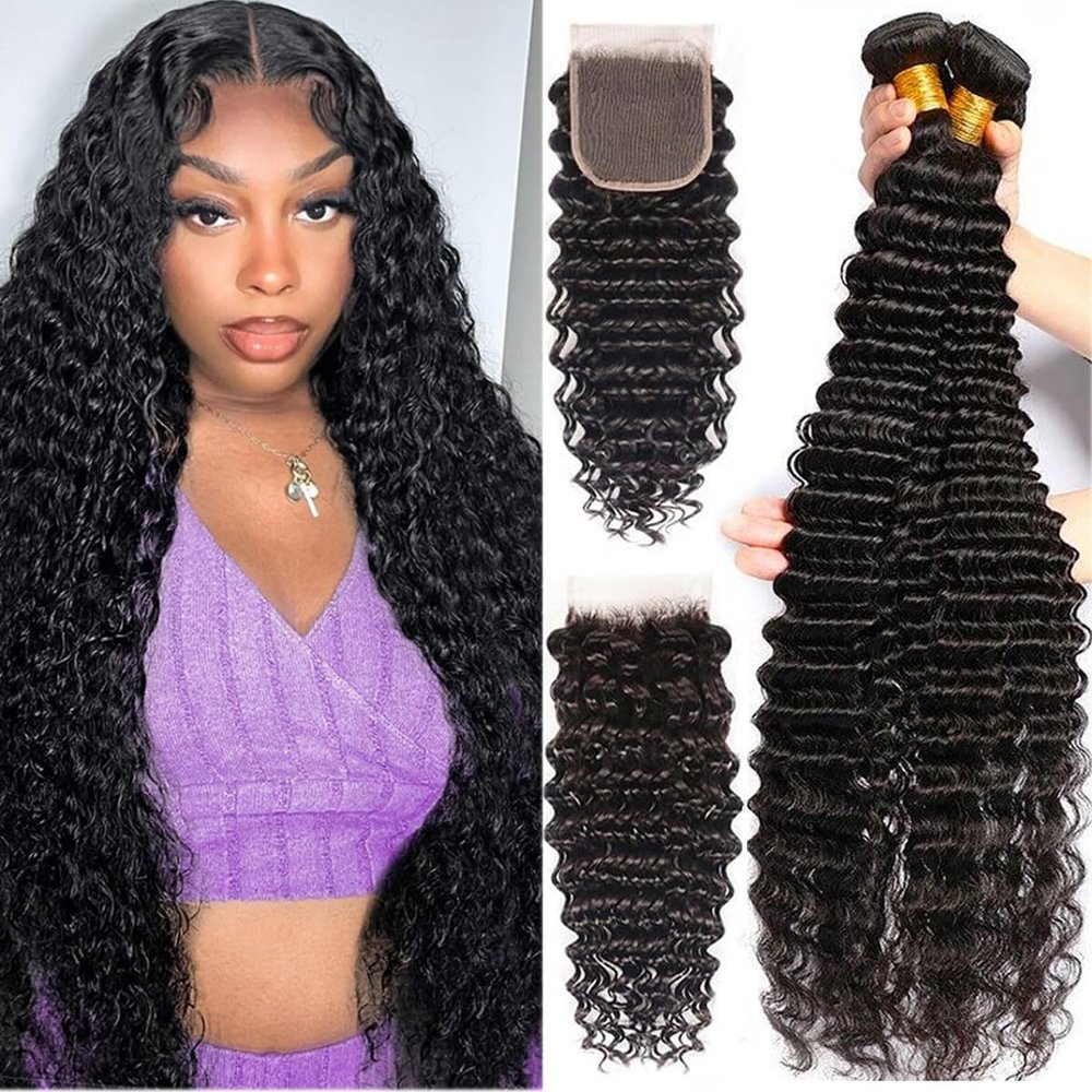 Human Hair Bundles with Closure (18 20 22+16 Closure) Deep Wave Bundles with Closure 100% Unprocessed Brazilian Virgin Curly Closure with Bundles Human Hair Weave with 4x4 Lace Closure Natural Color