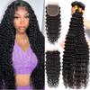 Human Hair Bundles with Closure (18 20 22+16 Closure) Deep Wave Bundles with Closure 100% Unprocessed Brazilian Virgin Curly Closure with Bundles Human Hair Weave with 4x4 Lace Closure Natural Color view 1