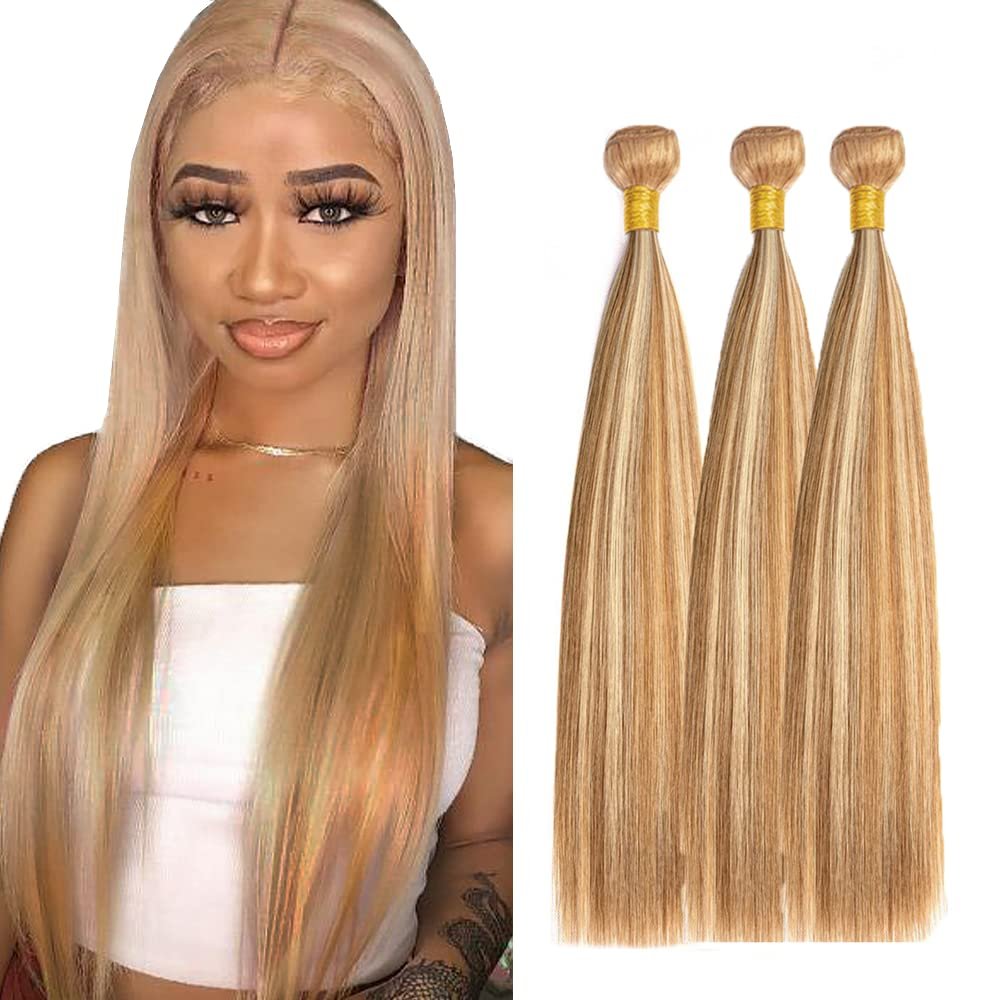 P27/613 Highlight Honey Blonde Bundles Human Hair Blonde Straight Bundles 18 20 22 Inch Unprocessed Brazilian Virgin Hair 3 Bundle 50 Gram Per Bundle Deals Quick Weave Hair Extensions