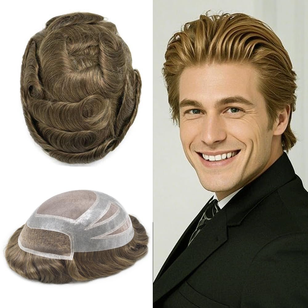 Hair Wonders Fine Mono Mens Toupee Hair Replacement System For Men Lace Front Hairpiece for Men Hair System Mens Hairpieces (#18 Medium Blonde, 8x10-120% Light Medium Density)