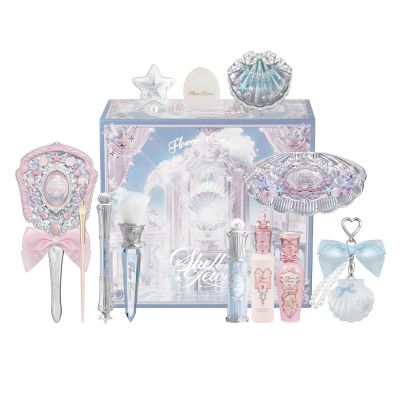 Flower Knows Shells Jewel 13-Piece Makeup Gift Box Set,Lip Gloss2+Blush1+ Eyeshadow Palette1+Highlighter3+Hand Mirror1+Hair Clip1+Mini Powder Puff1+Blush Brush1+Eyeshadow Brush1+Gift Box1
