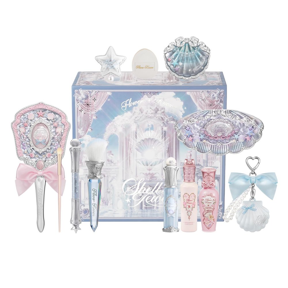 Flower Knows Shells Jewel 13-Piece Makeup Gift Box Set,Lip Gloss2+Blush1+ Eyeshadow Palette1+Highlighter3+Hand Mirror1+Hair Clip1+Mini Powder Puff1+Blush Brush1+Eyeshadow Brush1+Gift Box1