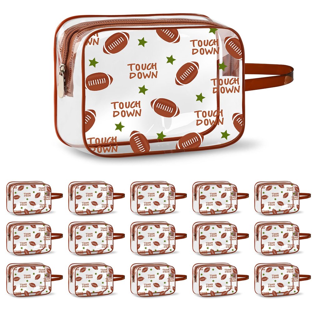 16PCS Football Gift Bags - Football Team Cosmetics Bag,PVC Clear Portable Makeup Bags Organizer,7 x 5.5 x 1.7 '' Waterproof Sport Zippered Toiletry Carry Pouch for Football Coach Travel Party Supplies