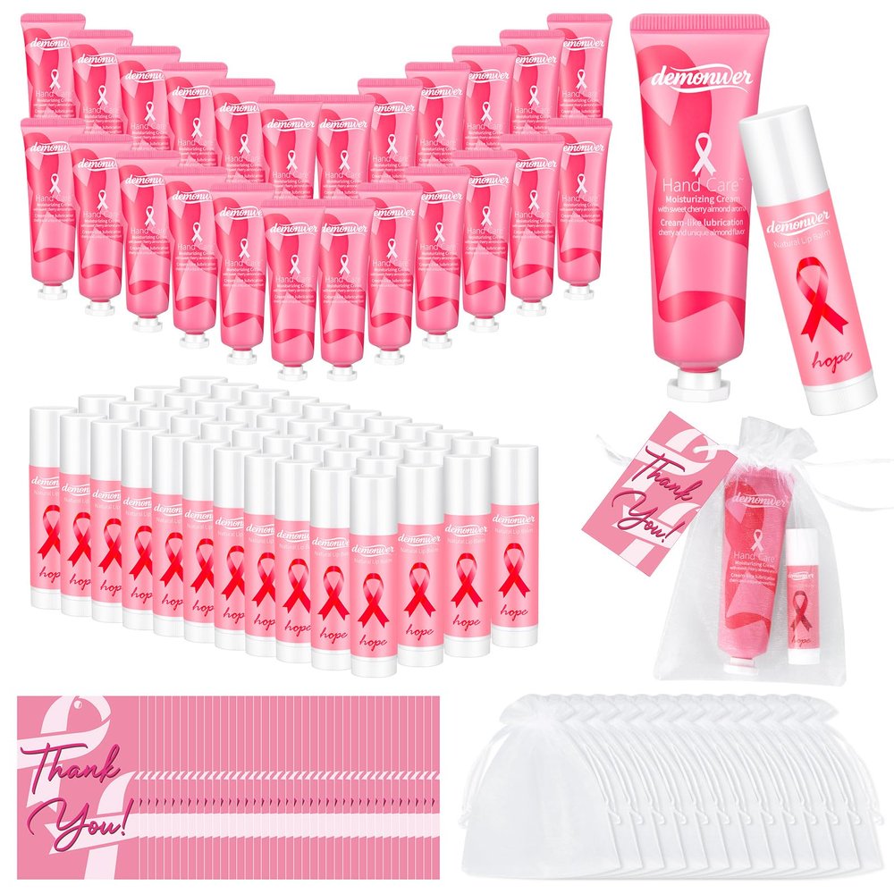 50 Sets Breast Cancer Awareness Favors Pink Ribbon Hand Cream Lip Balm with Thank You Cards Organza Bags Awareness Gifts for Women Nurse Breast Cancer Charity Event Survivor Campaign Party Favors