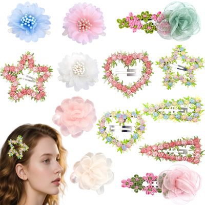13PCS Mixed Floral Hair Clip Set - 3 Camellia Claws (Pink/Blue/White), 2 Pink-Green Tulle Clips, 6 Flower Barrettes (Heart/Star), 2 Pearl Mesh Clips, Claw Clip Accessories For women/girls