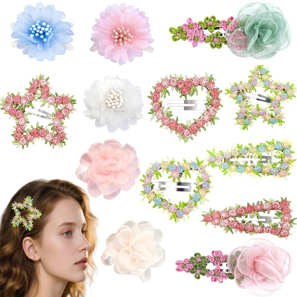 13PCS Mixed Floral Hair Clip Set - 3 Camellia Claws (Pink/Blue/White), 2 Pink-Green Tulle Clips, 6 Flower Barrettes (Heart/Star), 2 Pearl Mesh Clips, Claw Clip Accessories For women/girls