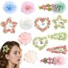 13PCS Mixed Floral Hair Clip Set - 3 Camellia Claws (Pink/Blue/White), 2 Pink-Green Tulle Clips, 6 Flower Barrettes (Heart/Star), 2 Pearl Mesh Clips, Claw Clip Accessories For women/girls view 1