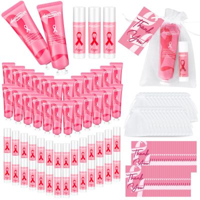 30 Sets Breast Cancer Awareness Favors Pink Ribbon Hand Cream Lip Balm with Thank You Cards Organza Bags Awareness Gifts for Women Nurse Breast Cancer Charity Event Survivor Campaign Party Favors