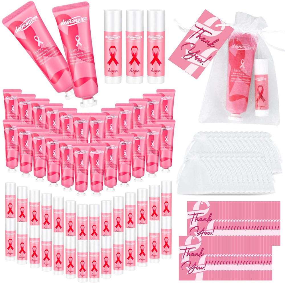 30 Sets Breast Cancer Awareness Favors Pink Ribbon Hand Cream Lip Balm with Thank You Cards Organza Bags Awareness Gifts for Women Nurse Breast Cancer Charity Event Survivor Campaign Party Favors