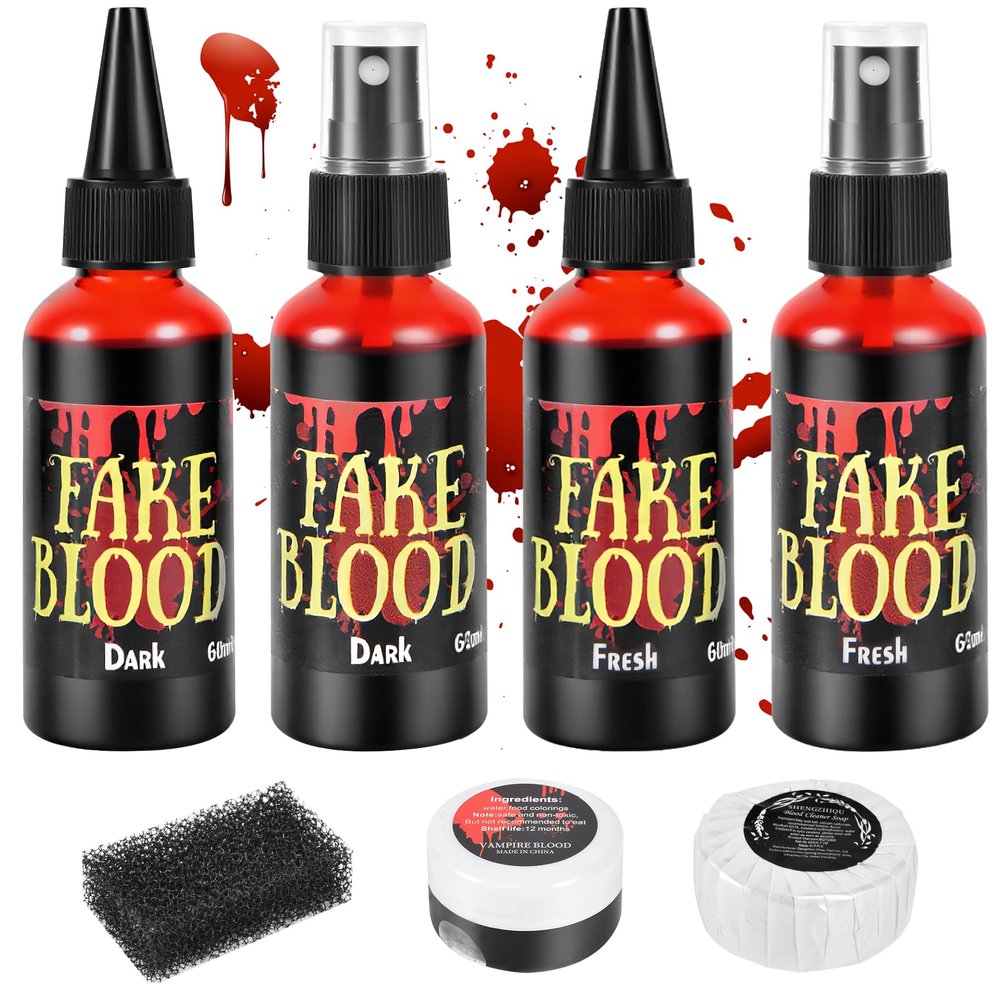 JAYUWE 7 PCS Halloween Fake Blood Spray Makeup Kit - Fake Blood 2.1oz X4 + Coagulated Blood Gel 1.41oz + Soap + Sponge, Washable Blood Paint for Clothes SFX Makeup Vampire Accessories, Dark & Fresh