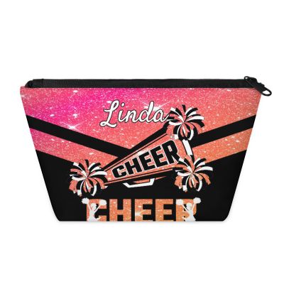 Skonsati Personalized Cheerleader Makeup Bag Travel Toiletry Bags Custom Cosmetic Bags with Name Customized Cheer Make Up Bag for Women Mon, Orange Glitter